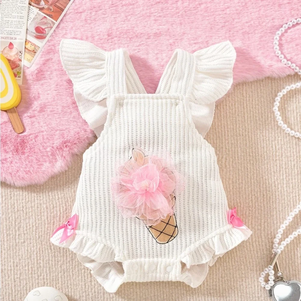 Birthday Ice Cream Bubble Adorable White Baby Romper with Pink Accents 12-18 mo